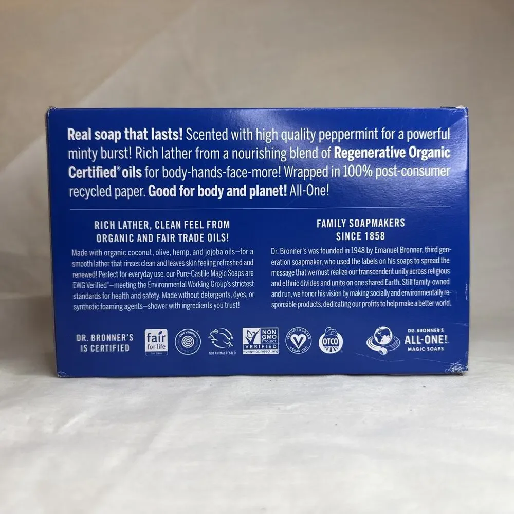 Dr Bronner's Peppermint Castile Magic Bar Soap 6Pk 5oz NEW